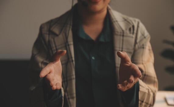 Call center, computer and business with woman in office for customer service, technical support and advice. Technology, contact us and communication with employee operator in help desk agency photo