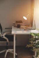 messy office workspace. Messy and cluttered office desk. Messy business office with piles of files and disorganized clutter. photo