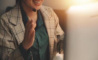 Call center, computer and business with woman in office for customer service, technical support and advice. Technology, contact us and communication with employee operator in help desk agency photo