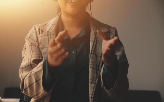 Call center, computer and business with woman in office for customer service, technical support and advice. Technology, contact us and communication with employee operator in help desk agency photo