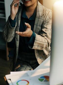 Call center, computer and business with woman in office for customer service, technical support and advice. Technology, contact us and communication with employee operator in help desk agency photo