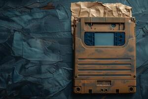Banner with old floppy disk on blue background, copy space photo