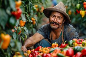A man in a hat collects colored peppers on a plantation, harvest, business, seasonal work photo