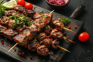 shish kebab, grilled meat skewers photo
