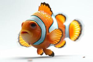 Close-up of a striped bright clownfish on a white background, selective focus photo