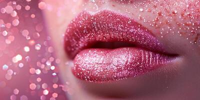 Pink lipstick with glitter on lips, close-up photo