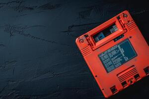 Top view of red floppy disk on black background, copy space photo