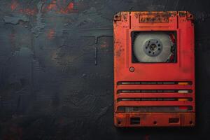 Top view of old floppy disk on black background, copy space photo