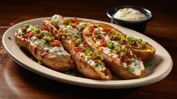 Plate of piled potato skins with delicious toppings photo