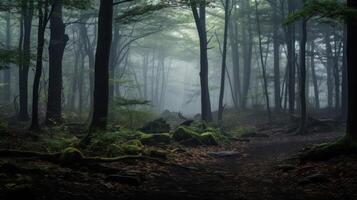 Forest enveloped in morning mist. photo
