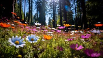 Vibrant wildflowers carpet sunny forest. photo