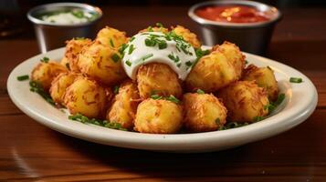 Plate piled with cheesy tater tots photo