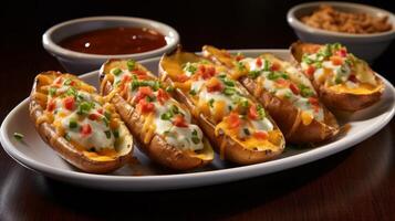 Loaded potato skins plate with toppings photo