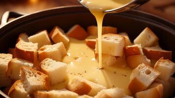 Bubbling pot of Swiss fondue with bread cubes, close-up photo