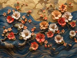 This image showcases a vibrant and textured artwork of a tree.The image is notable for its three-dimensional quality and the use of mixed media, which create a rich tapestry of colors and textures. photo
