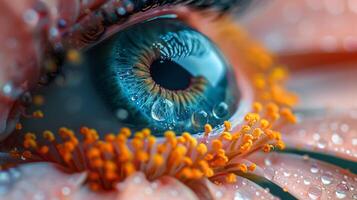 Close-up of a Blue Eye with Water Droplets and Flower photo