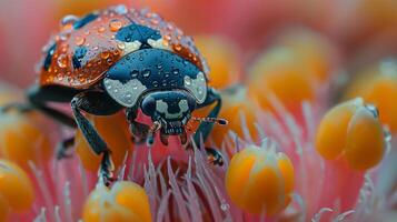 Ladybug Covered in Dew Drops on a Flower photo