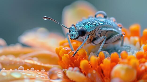 Blue Bug on Orange Flower with Dew Drops photo