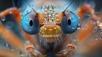 Macro Photography of a Bug's Face Covered in Dew photo
