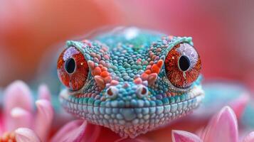 Chameleon with Bright Red Eyes and Blue Scales photo