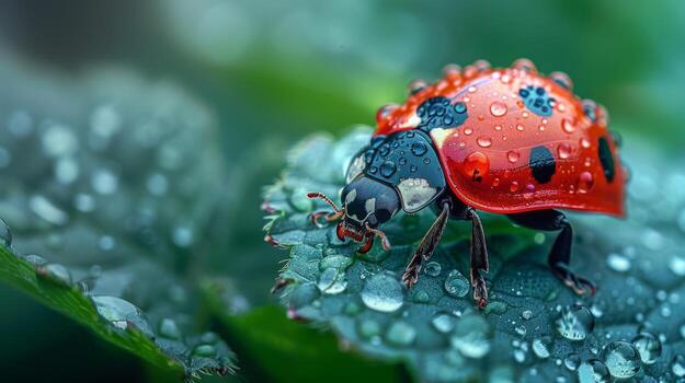 Ladybug on a Dew-Covered Leaf photo