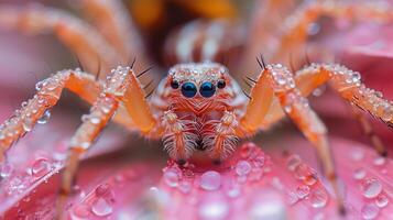 Macro Photography of a Dew-Covered Jumping Spider photo