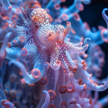 A Close-Up of a Colorful Octopus Blending with Coral photo
