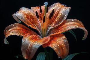 Orange Lily with Dew Drops on Black Background photo