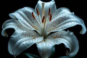 White Lily with Red Spots and Dew Drops photo