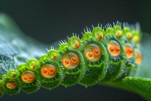 Close-Up of a Green Caterpillar with Orange Eyes photo