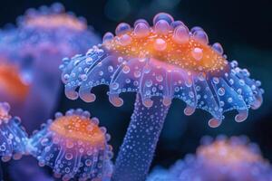 Glowing Underwater Mushrooms with Water Droplets photo