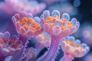 Macro View of Pink Flowers with Orange Centers photo