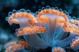 Underwater Fantasy, A Cluster of Orange and White Bioluminescent Mushrooms photo