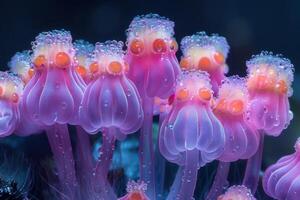 Closeup of Delicate Pink and Purple Mushrooms photo