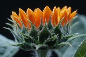 A Close-Up of a Sunflower Bud with Vibrant Orange Petals photo