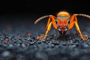 Close-up of a Red Ant on a Black Surface photo