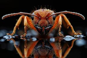 A Close-Up View of a Red Ant with Water Droplets on its Body photo