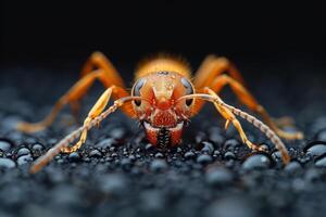 Macro Photography of a Red Ant on Dew Drops photo