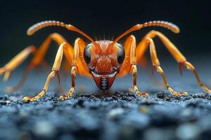 Close-up of a Red Ant on a Dark Surface photo