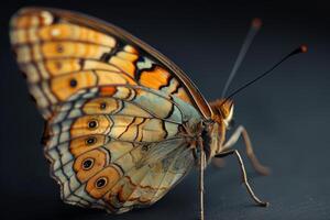 A Close-Up of a Butterfly with Orange and Blue Wings photo