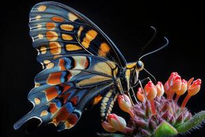 A Colorful Butterfly with Black, Orange, and Blue Wings Perched on a Flower photo