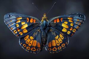 A Close-Up of a Vibrant Butterfly with Orange and Blue Wings photo