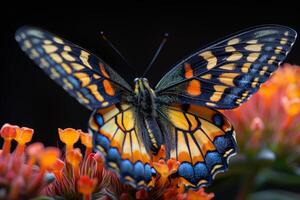 Close-Up of a Vibrant Butterfly on Orange Flowers photo