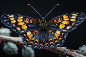 A Close-Up of a Blue, Orange, and Black Butterfly photo
