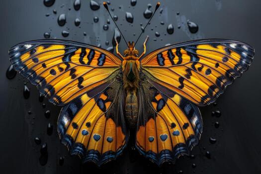 naranja mariposa con negro y azul patrones en negro antecedentes foto