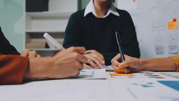 Business people, meeting and shaking hands for success, deal or advice with corporate auditor in office. Financial advisor, clients or accountant handshake for thank you with profit, stats or report video