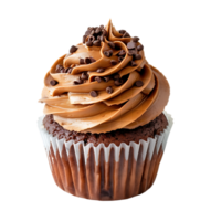 A cupcake with chocolate frosting and a picture of a cupcake. on isolated background png