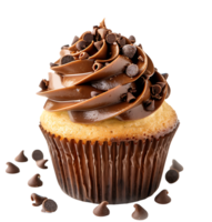 A cupcake with chocolate frosting and a picture of a cupcake. on isolated background png