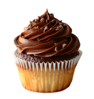 A cupcake with chocolate frosting and a picture of a cupcake. on isolated background png