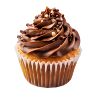 A cupcake with chocolate frosting and a picture of a cupcake. on isolated background png